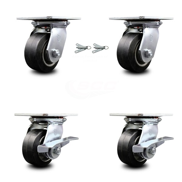 4 Inch Rubber on Aluminum Swivel Caster Swivel Locks 2 Brakes SCC, 2PK